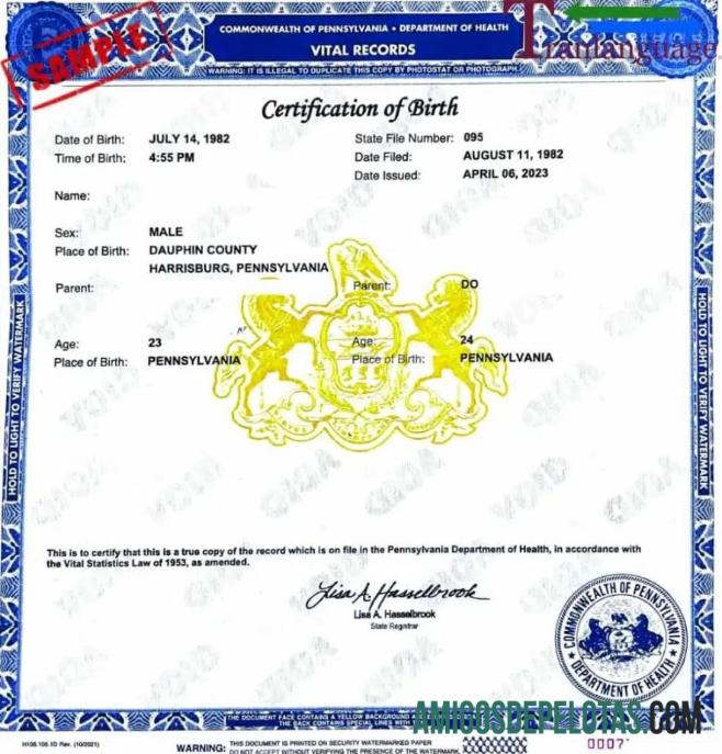 Certidão de nascimento da Comunidade da Pensilvânia dos Estados Unidos exemplo real